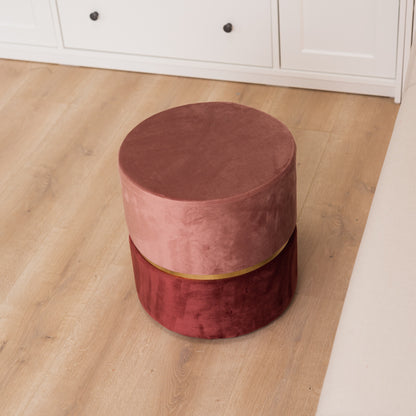 Pouf cilindro in velluto bicolore Rosa e Rosa Antico con fascia oro