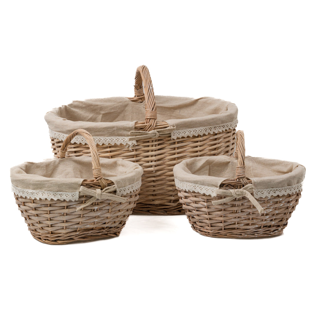 Set 3 cesti in salice "Chiao" con manico e interno in tessuto beige