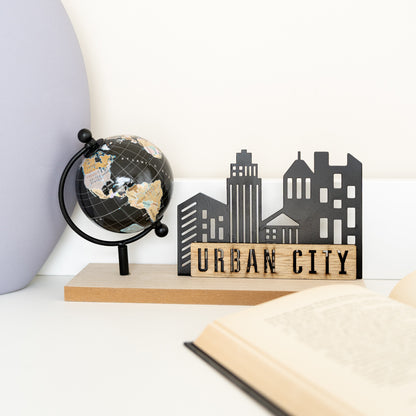 Wooden and metal card holder with world map