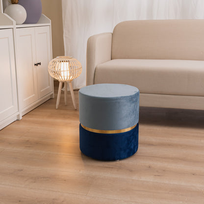 Pouf cilindro in velluto bicolore Azzurro Polvere e Blue con fascia oro