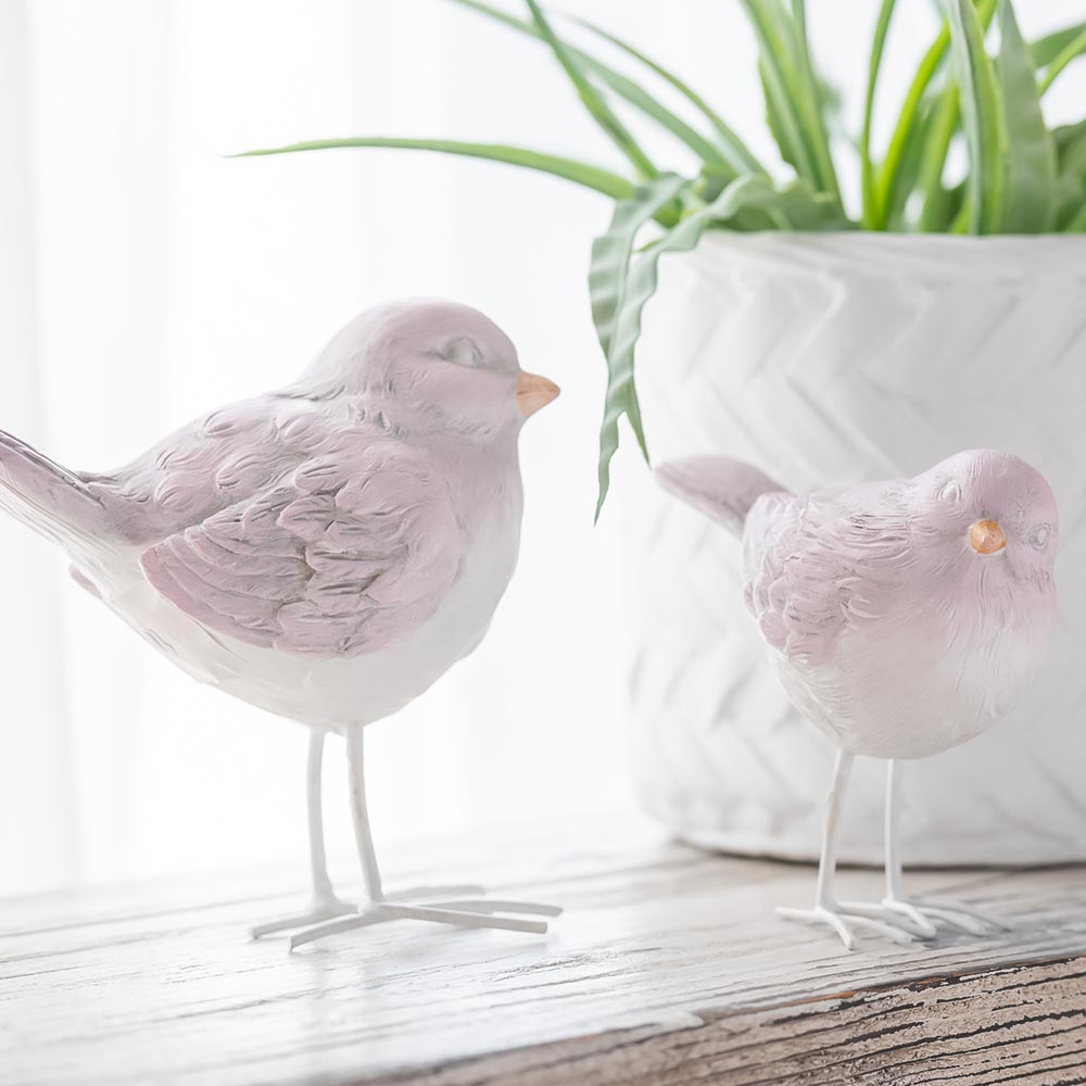 White and pink resin birds set of 2 pcs