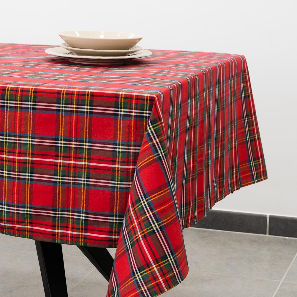 Red tartan tablecloth with gold thread