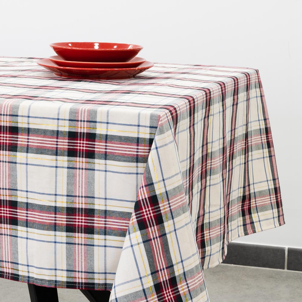 Beige tartan tablecloth with gold thread