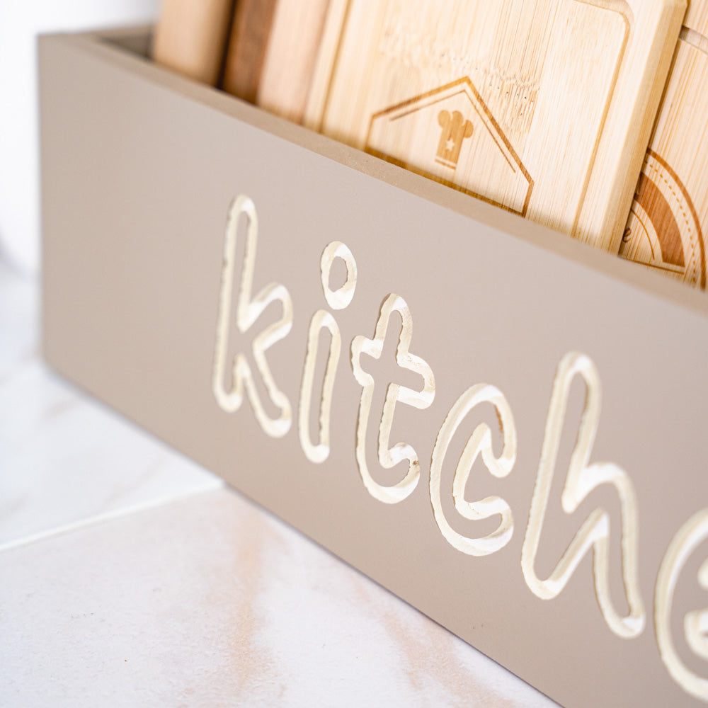 Wooden chopping board with engraved Kitchen writing