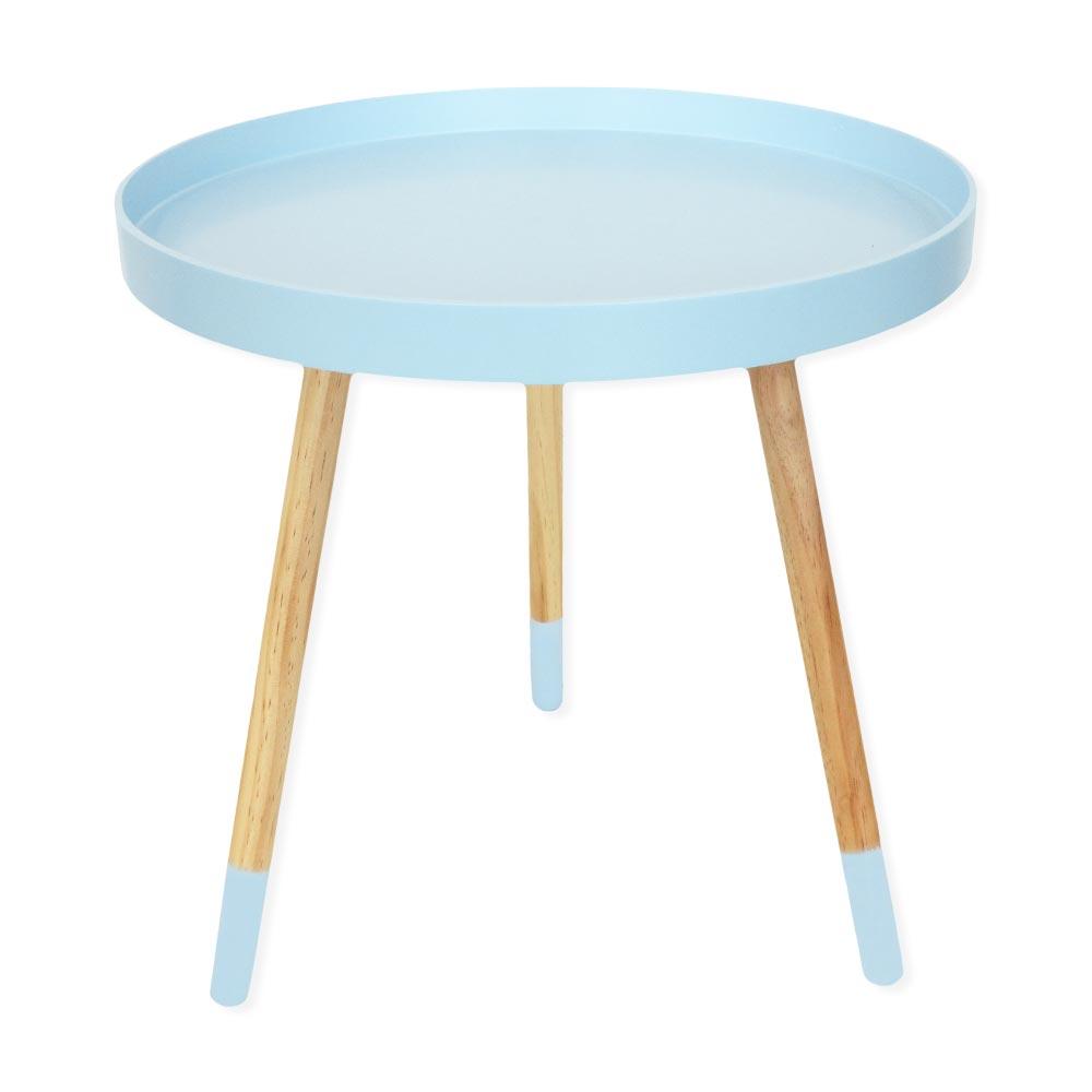 Round coffee table with light blue wooden legs