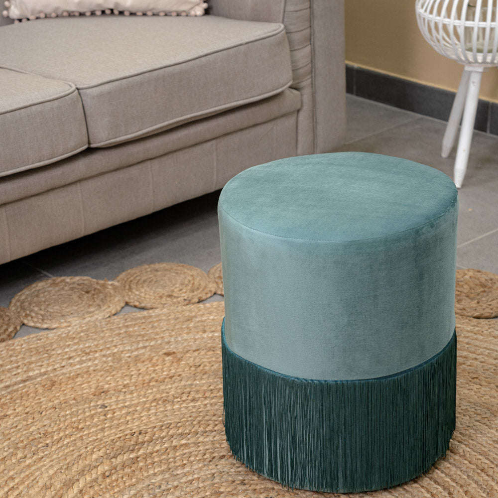 Karma Sage Green Velvet Pouf with fringes