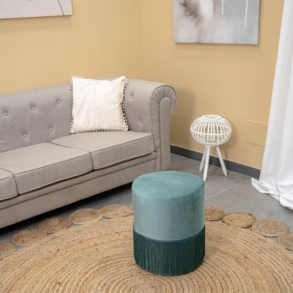 Karma Sage Green Velvet Pouf with fringes