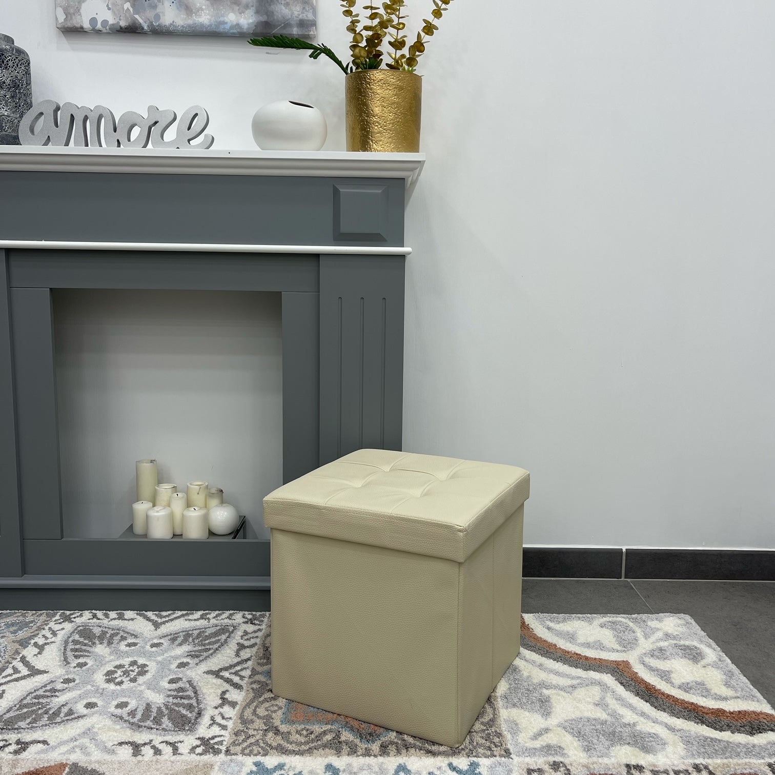 Beige Faux Leather Storage Pouf