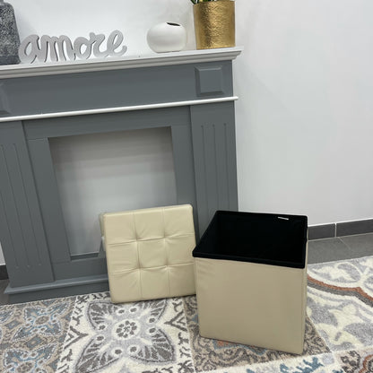 Beige Faux Leather Storage Pouf