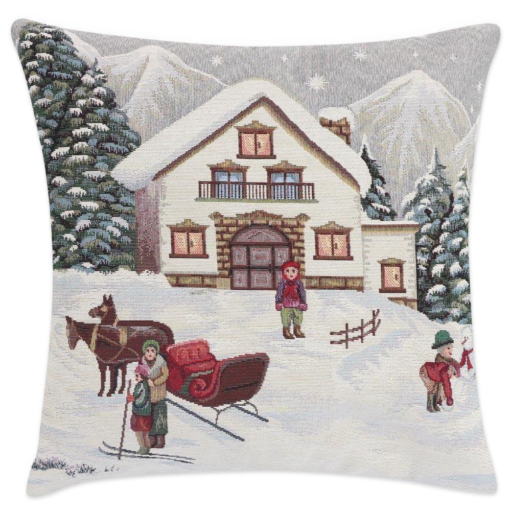 Snowy House Embroidered Cushion